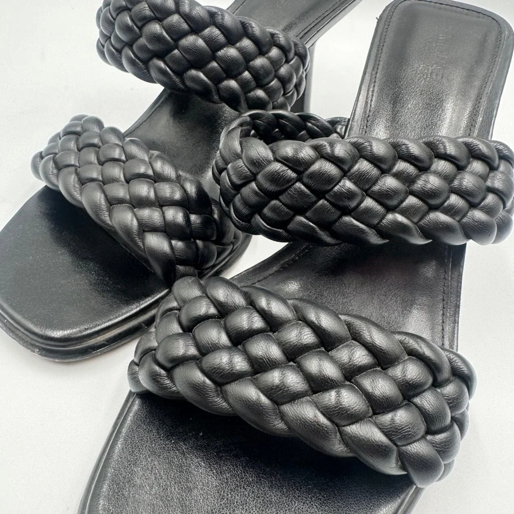 Michael Kors Clara Black Braided DoubleStrap Slide Sandals Heeled Mules SG21A 9M